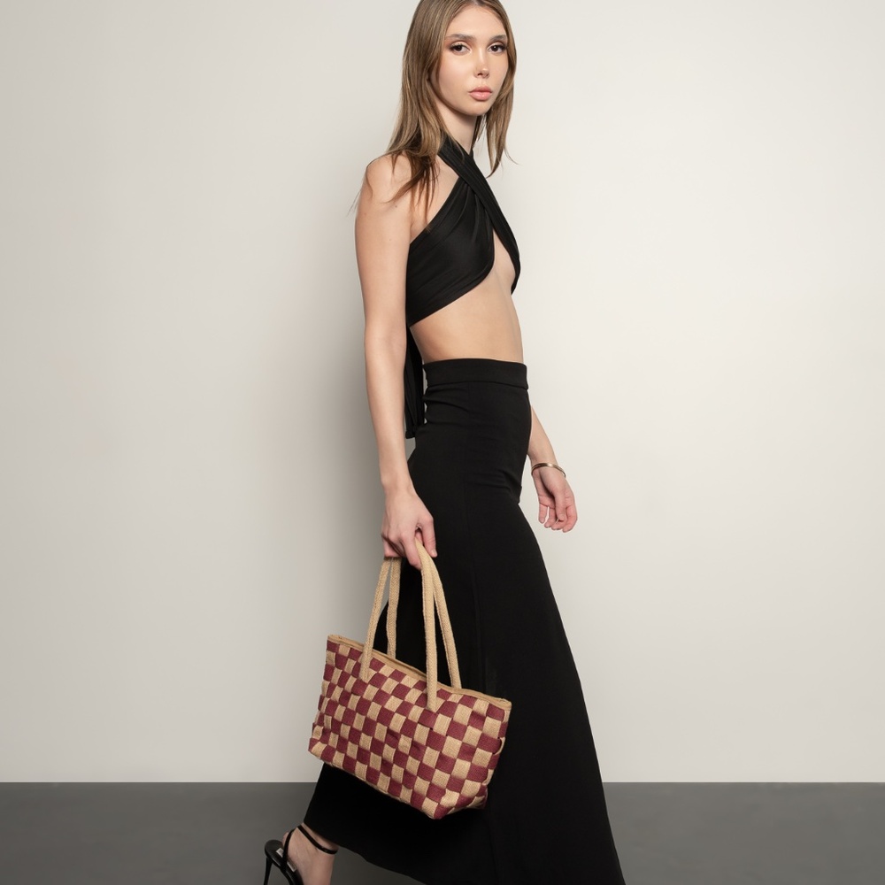 Isabelle LaRue Classic Checkered Handwoven Vegan Jute Handbag - Burgundy
